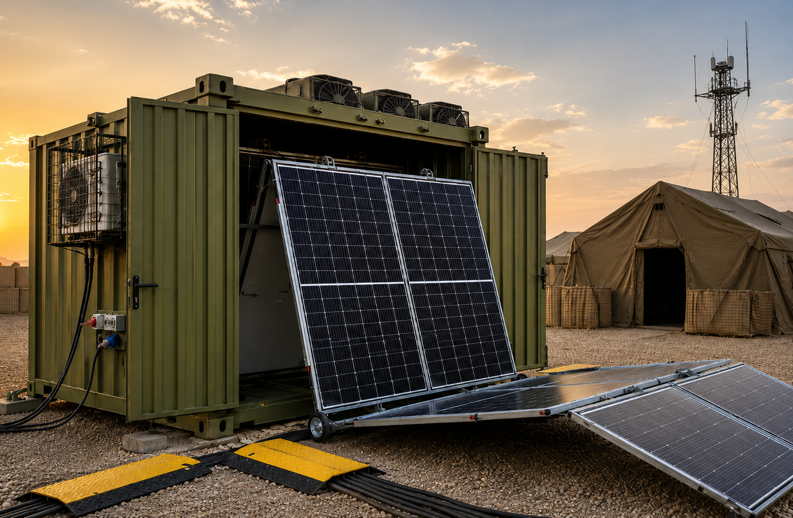 Desfășurare rapidă a centralei fotovoltaice mobile într-o tabără de campanie