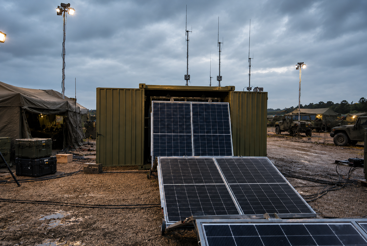 Centrală energetică fotovoltaică mobilă în container, desfășurată la o bază militară pe flancul estic NATO